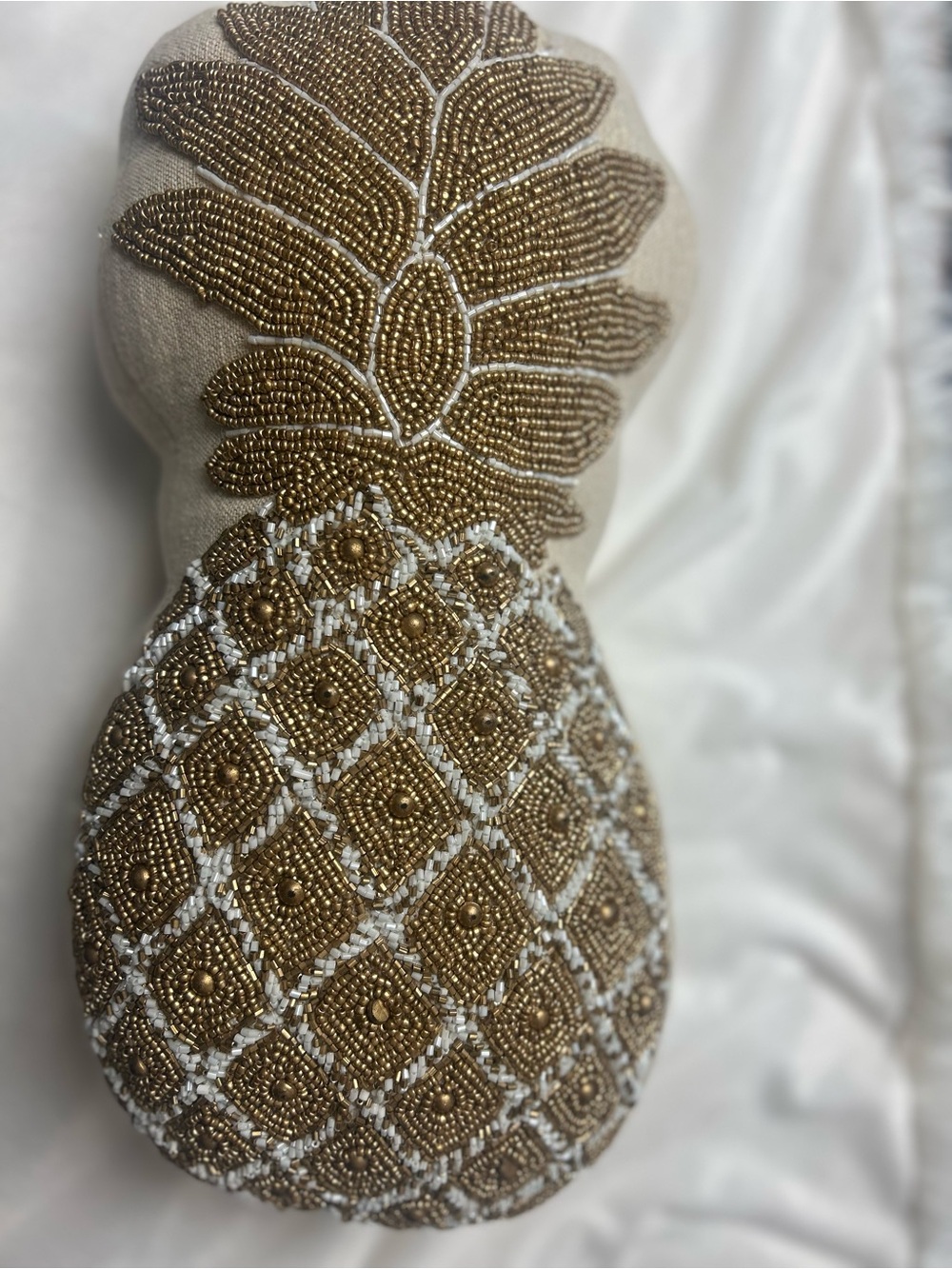 NWOT Gold and white Beaded Decorative Pineapple shaped Pillow